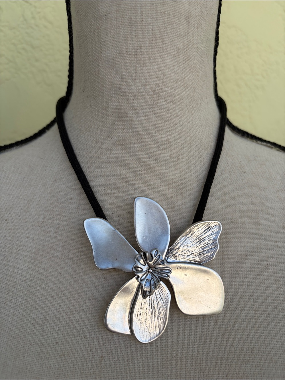 Chico's Silver Flower Pendant Necklace with Black Cord